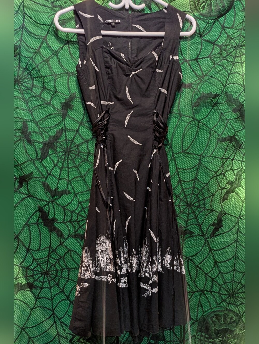 Hell Bunny Black Feather-Print Fit & Flare Dress
